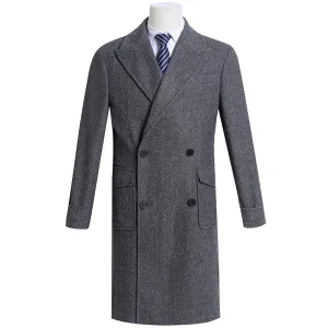 Men's Herringbone Tweed Coat with Double-breasted Peak Lapel