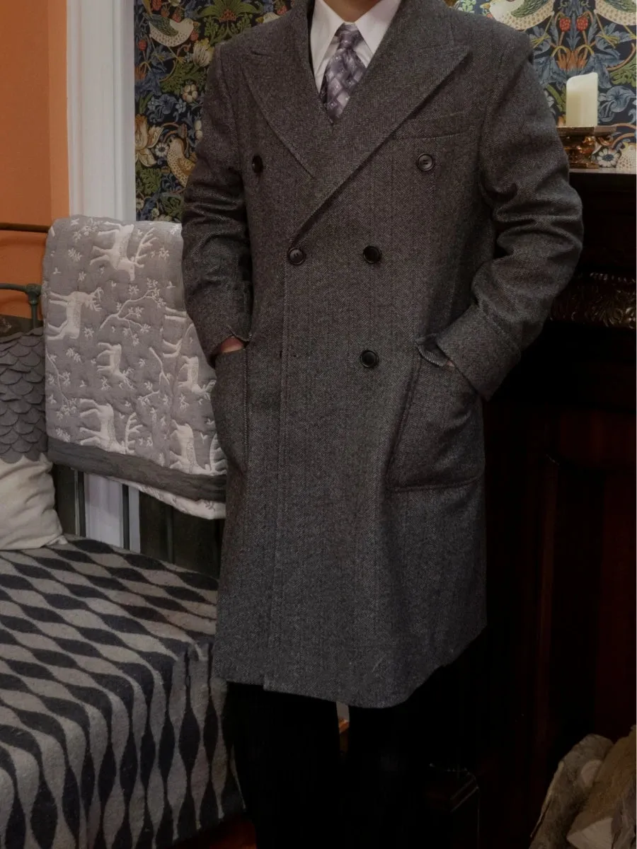 Men's Herringbone Tweed Coat with Double-breasted Peak Lapel