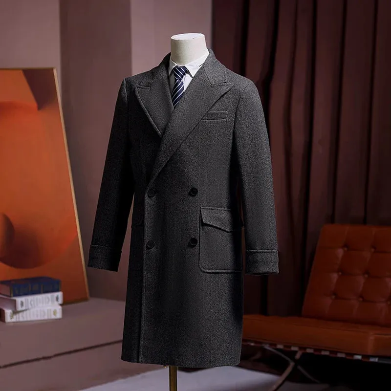 Men's Herringbone Tweed Coat with Double-breasted Peak Lapel