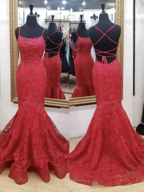 Mermaid Backless Red Lace Long Prom, Mermaid Red Formal, Red Lace Evening