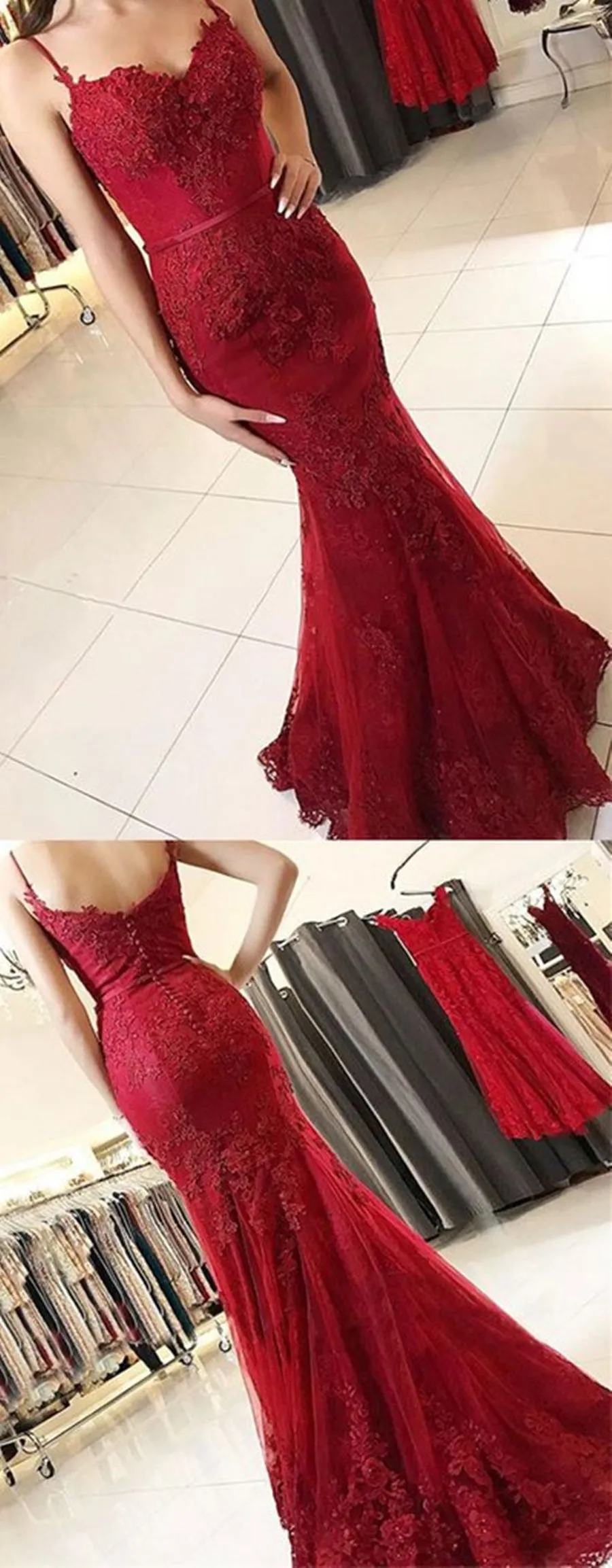 Mermaid Spaghetti Straps Backless Lace Burgundy Prom, Burgundy Mermaid Formal, Evening