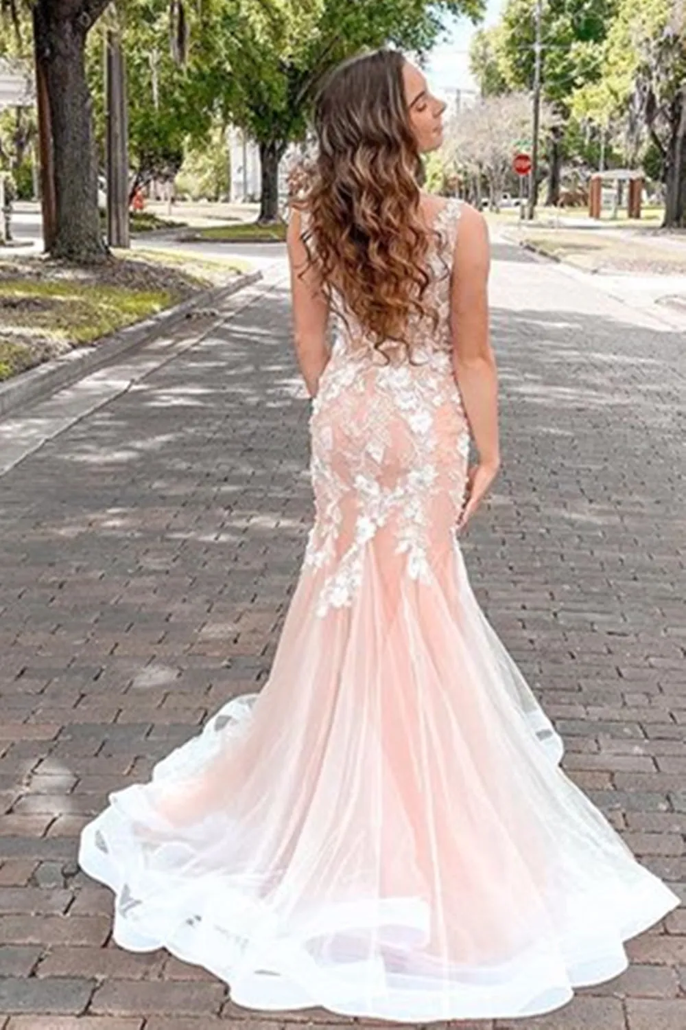 Mermaid V Neck Open Back Pink Lace Floral Long Prom, Mermaid Pink Lace Formal, Pink Lace Evening