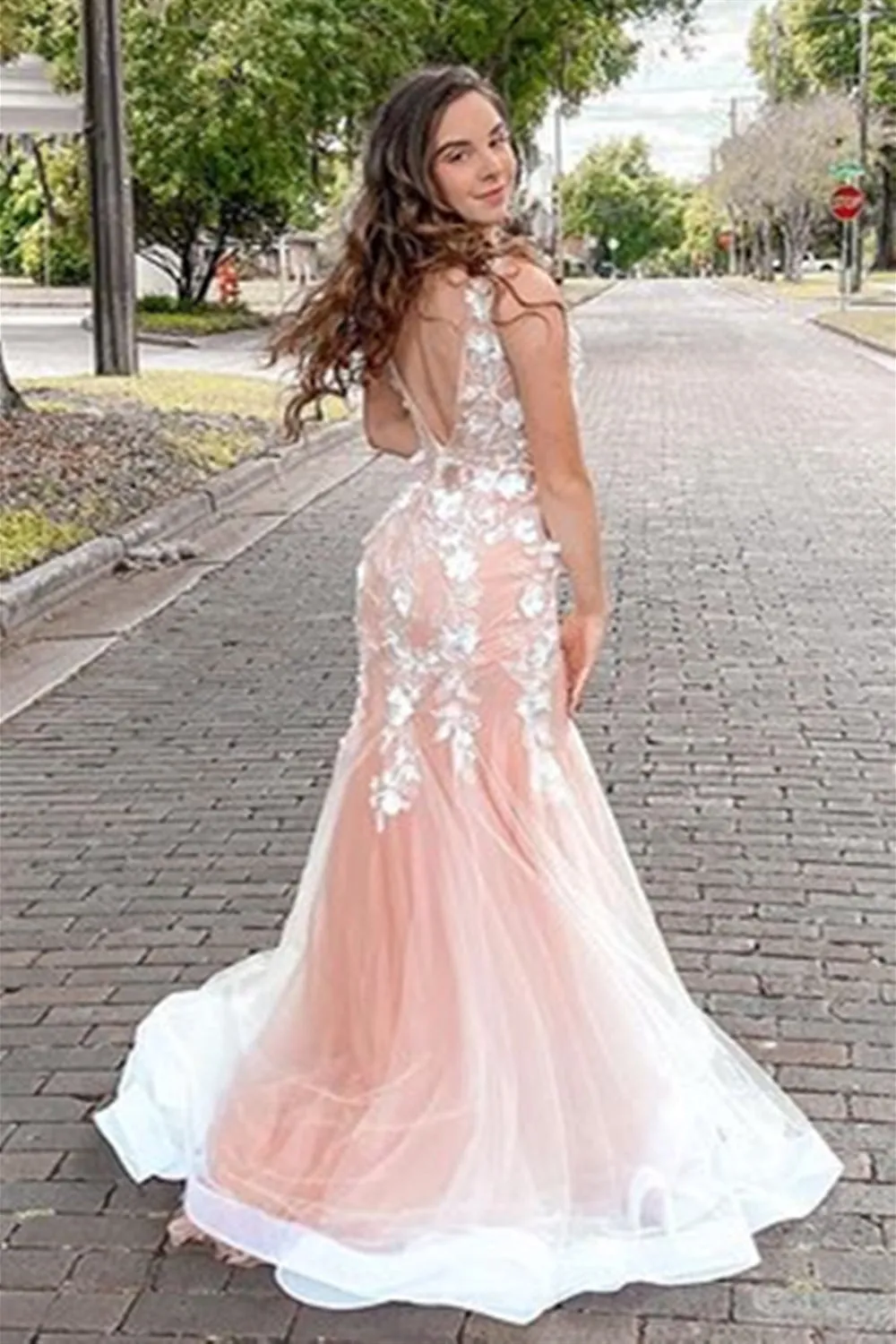 Mermaid V Neck Open Back Pink Lace Floral Long Prom, Mermaid Pink Lace Formal, Pink Lace Evening