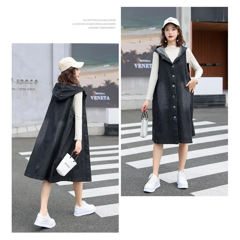 Mid-Length Sleeveless Loose Fit Hooded Denim Coat