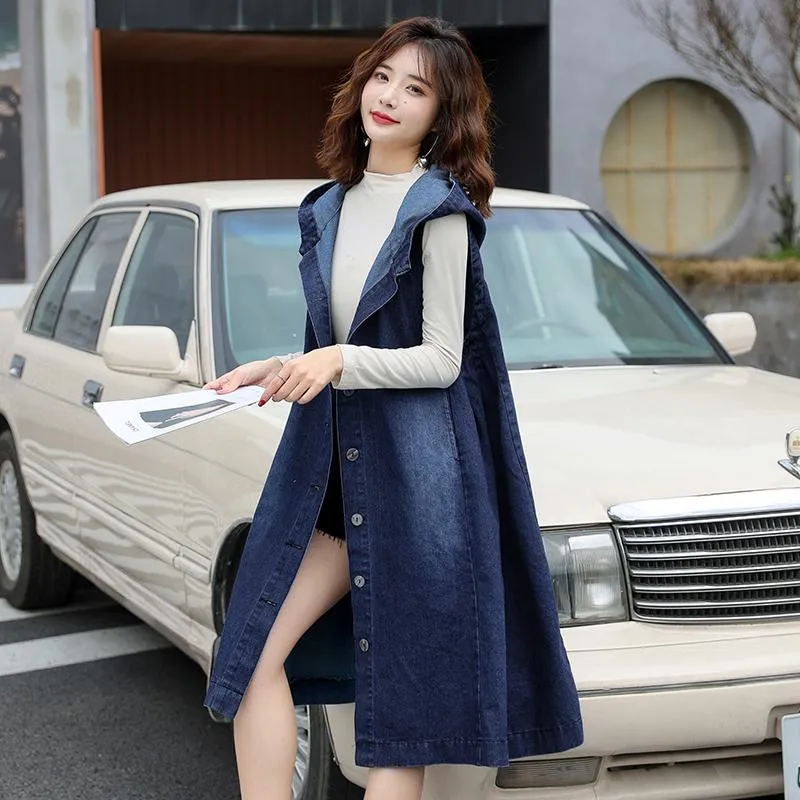 Mid-Length Sleeveless Loose Fit Hooded Denim Coat