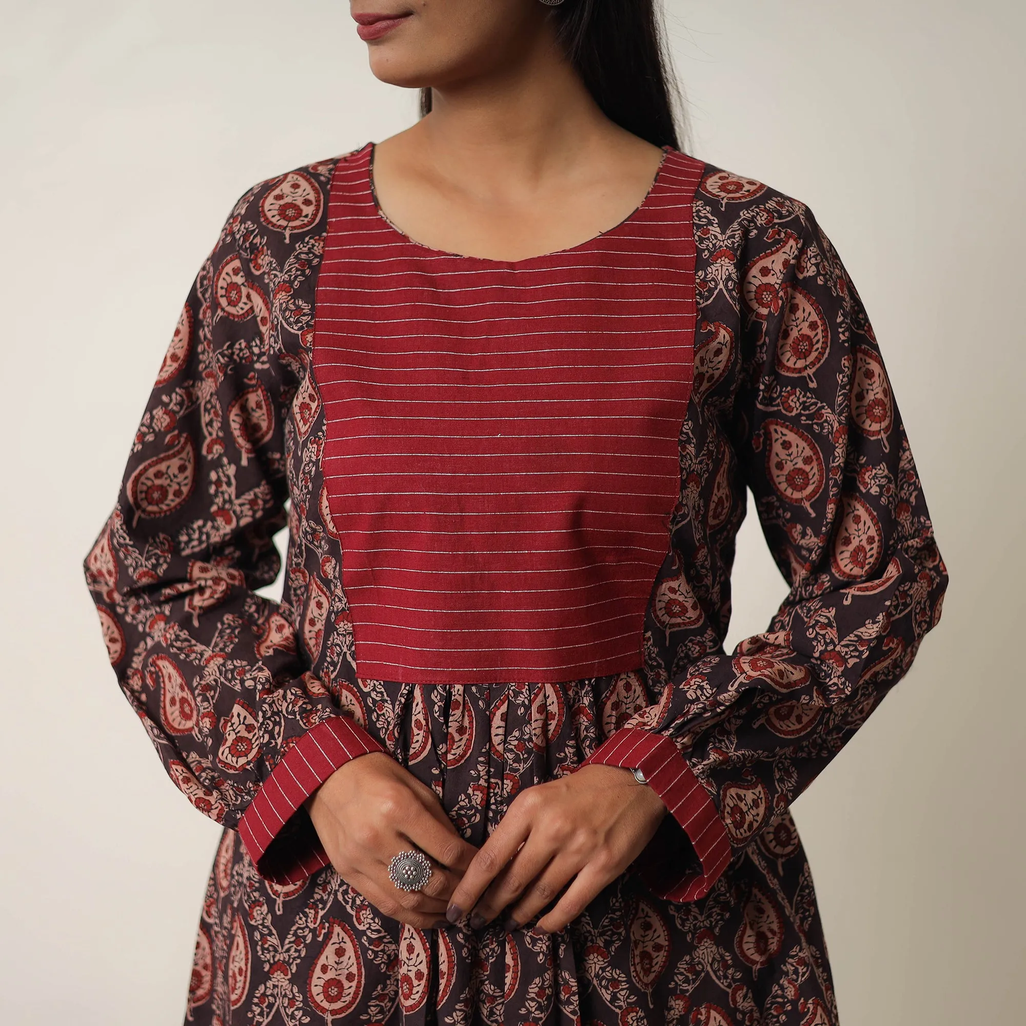 Multicolor - Hand Block Print Cotton Flared Gher Ajrakh Dress 14