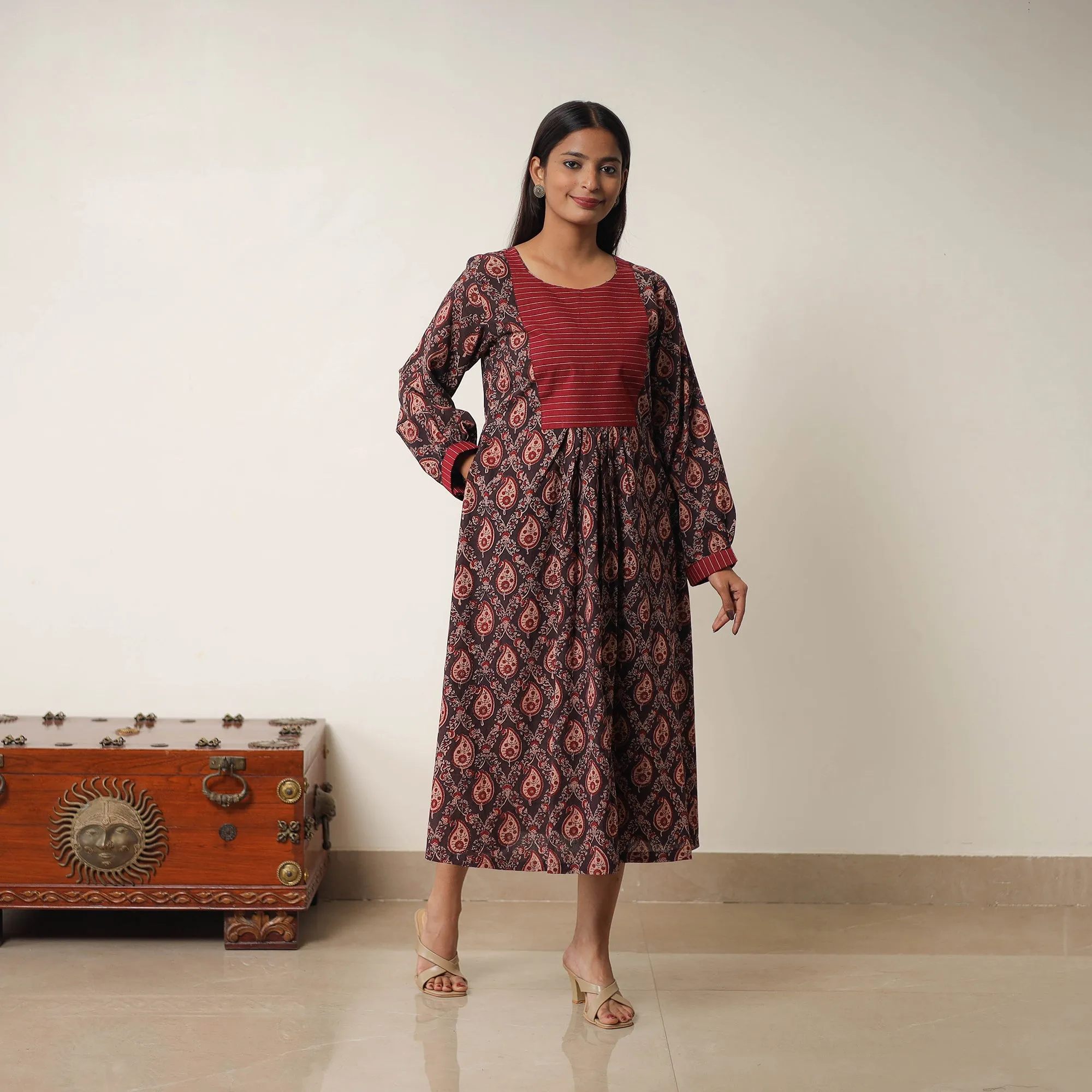 Multicolor - Hand Block Print Cotton Flared Gher Ajrakh Dress 14