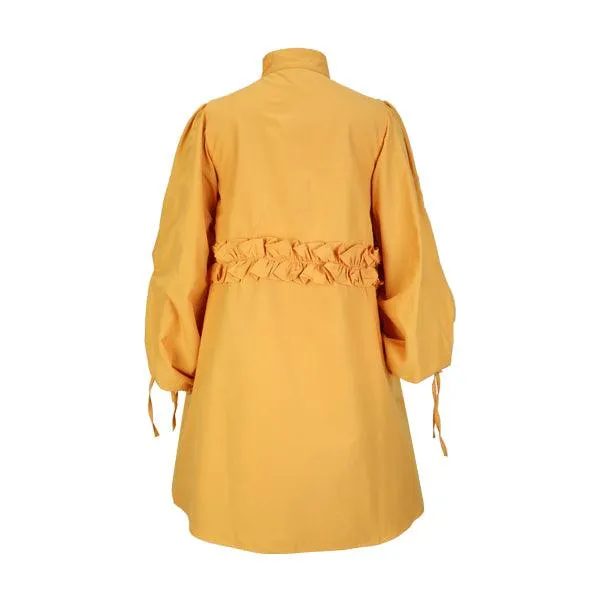 MUSTARD SWING DRESS WITH DRAWSTRING PUFFED SLEEVE