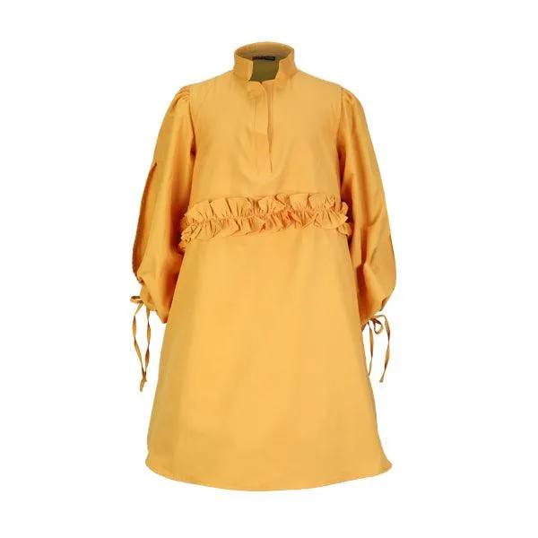 MUSTARD SWING DRESS WITH DRAWSTRING PUFFED SLEEVE