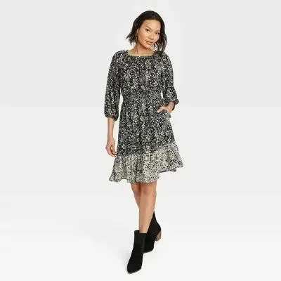 New - Women's Long Sleeve A-Line Dress - Knox Rose Black Floral XS