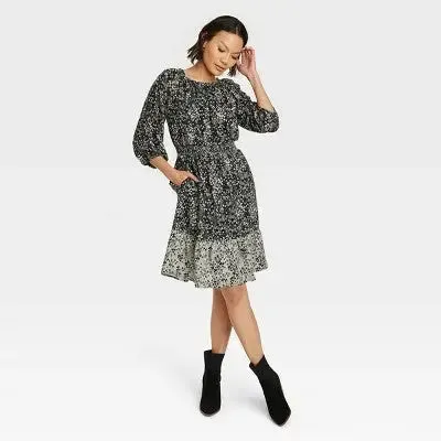 New - Women's Long Sleeve A-Line Dress - Knox Rose Black Floral XS