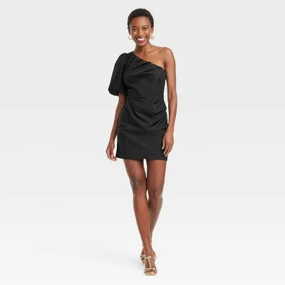 New - Women's One Shoulder Mini A-Line Dress - A New Day Black 8