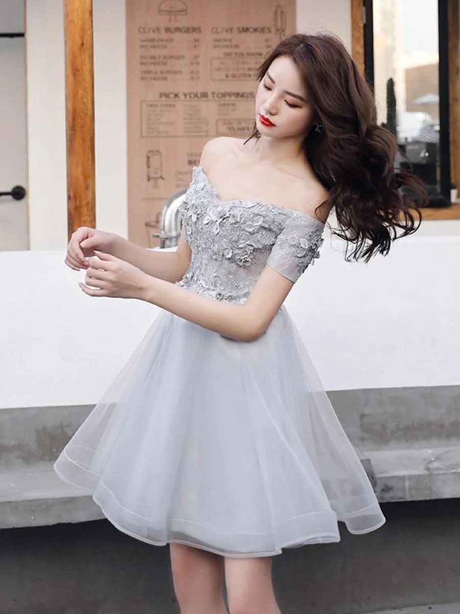 Off Shoulder Short Grey Lace Prom, Grey Lace Formal Graduation Homecoming