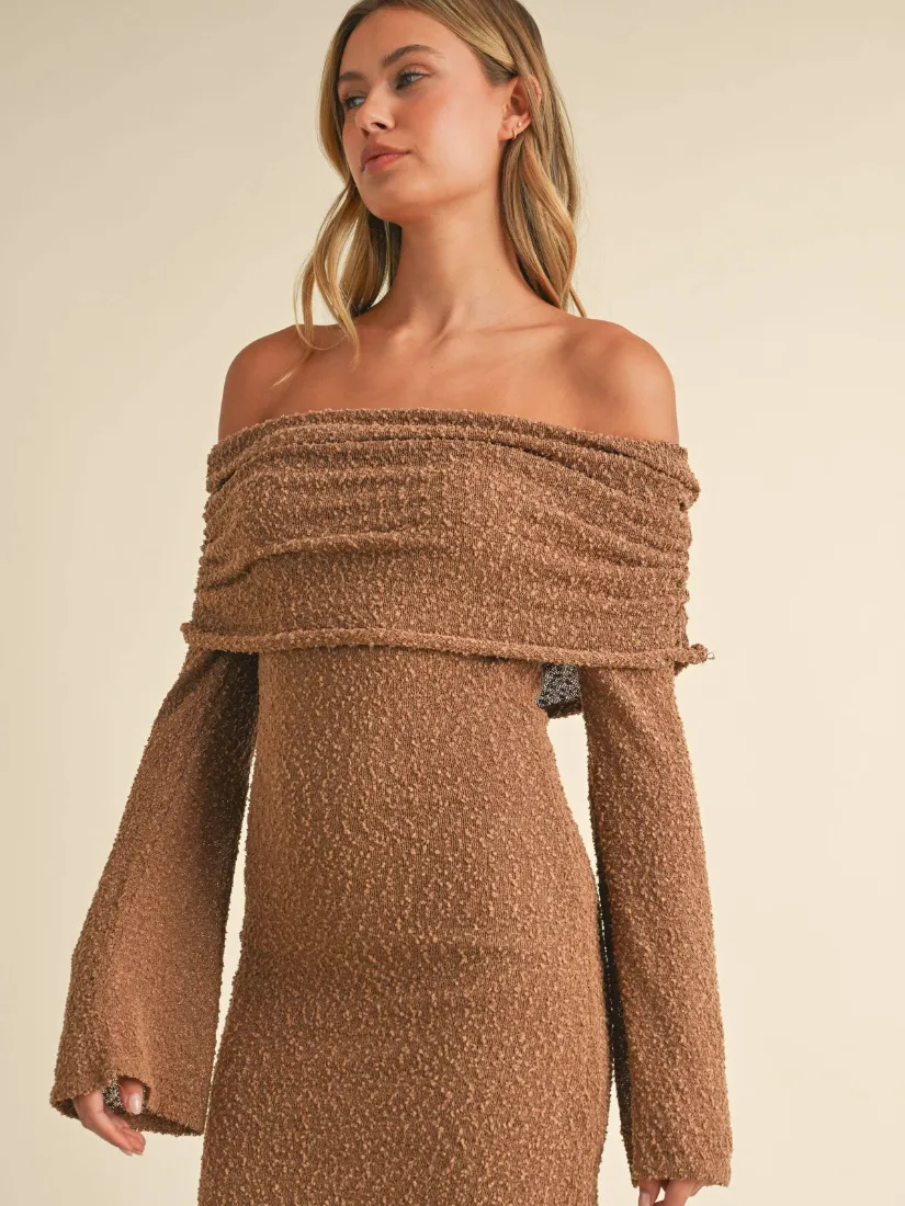 Off Shoulder Sleeve Sweater Mini Dress Toffee