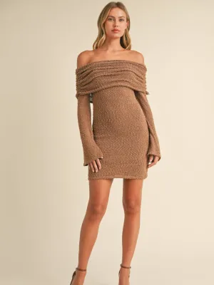 Off Shoulder Sleeve Sweater Mini Dress Toffee