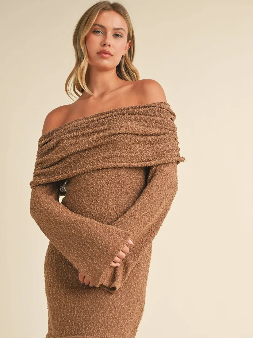 Off Shoulder Sleeve Sweater Mini Dress Toffee