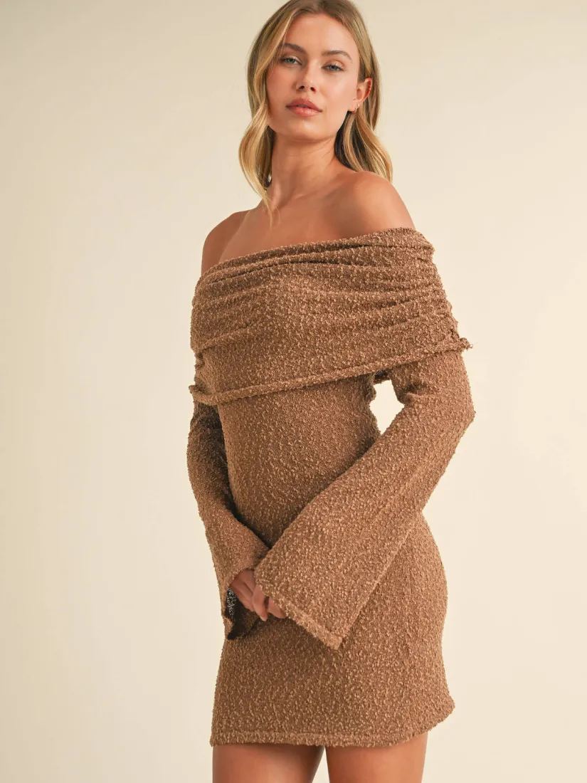 Off Shoulder Sleeve Sweater Mini Dress Toffee