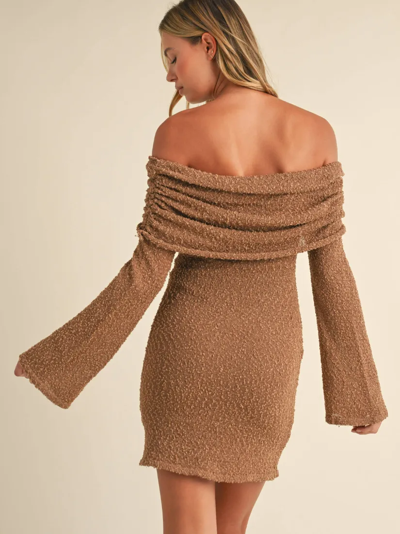 Off Shoulder Sleeve Sweater Mini Dress Toffee