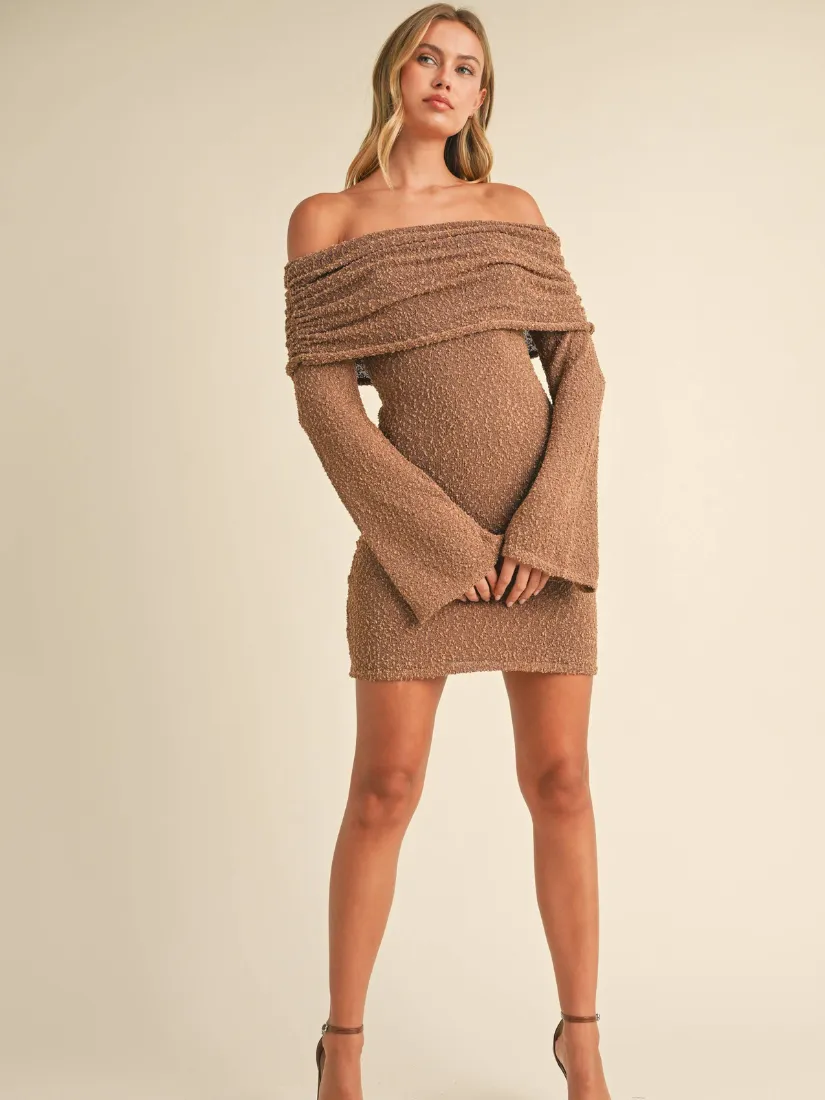 Off Shoulder Sleeve Sweater Mini Dress Toffee