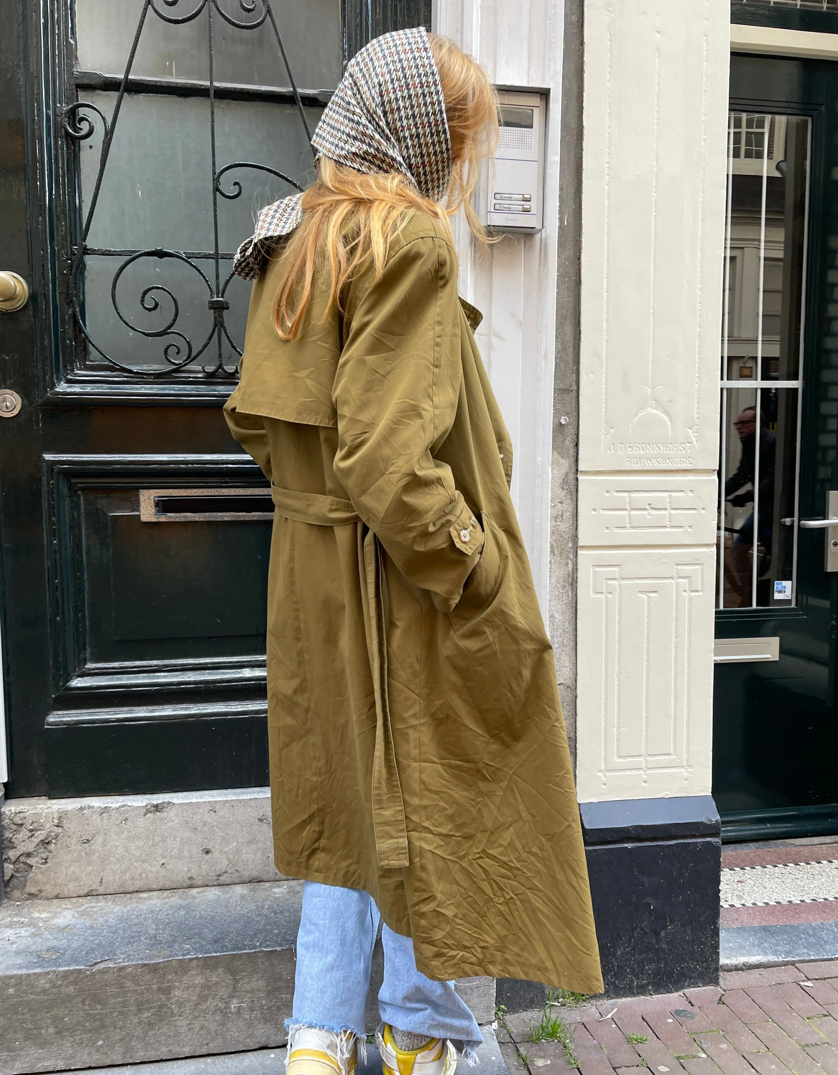 Olive lined trench coat.