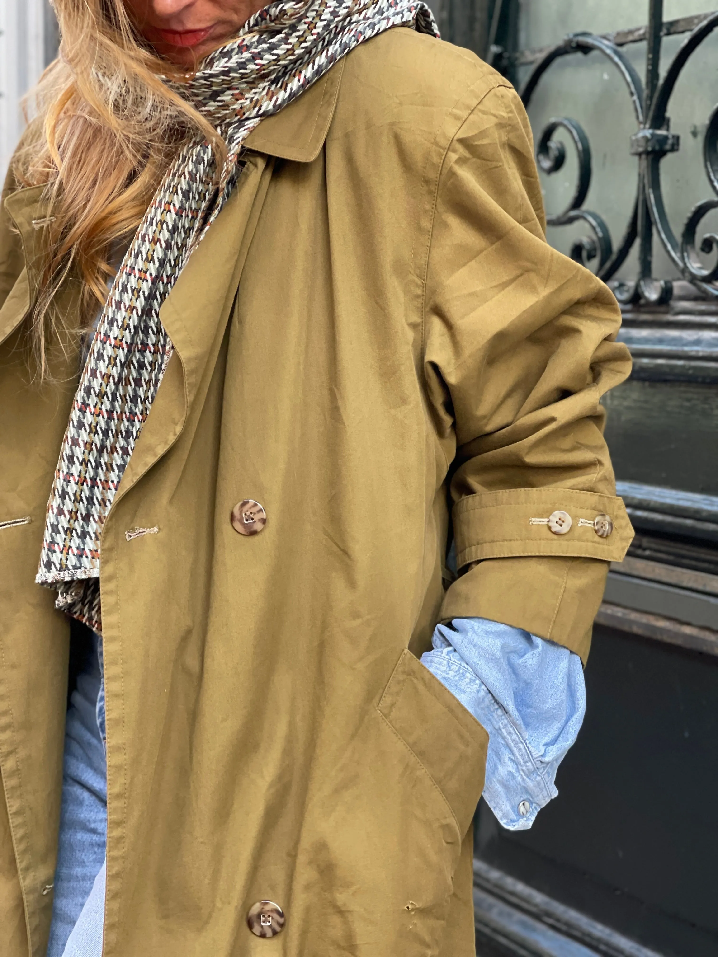 Olive lined trench coat.