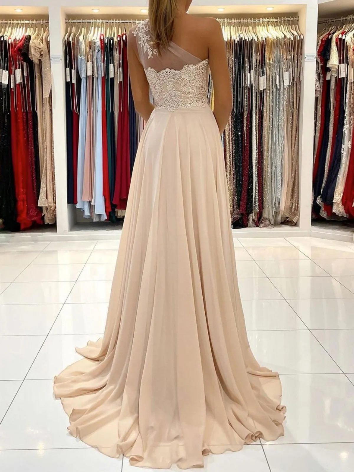 One Shoulder Champagne Lace Long Prom Dresses with Leg Slit, Champagne Lace Formal Graduation Evening Dresses