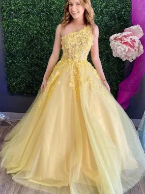 One Shoulder Yellow Lace Floral Long Prom Dresses, Yellow Tulle Lace Formal Dresses, Yellow Evening Dresses