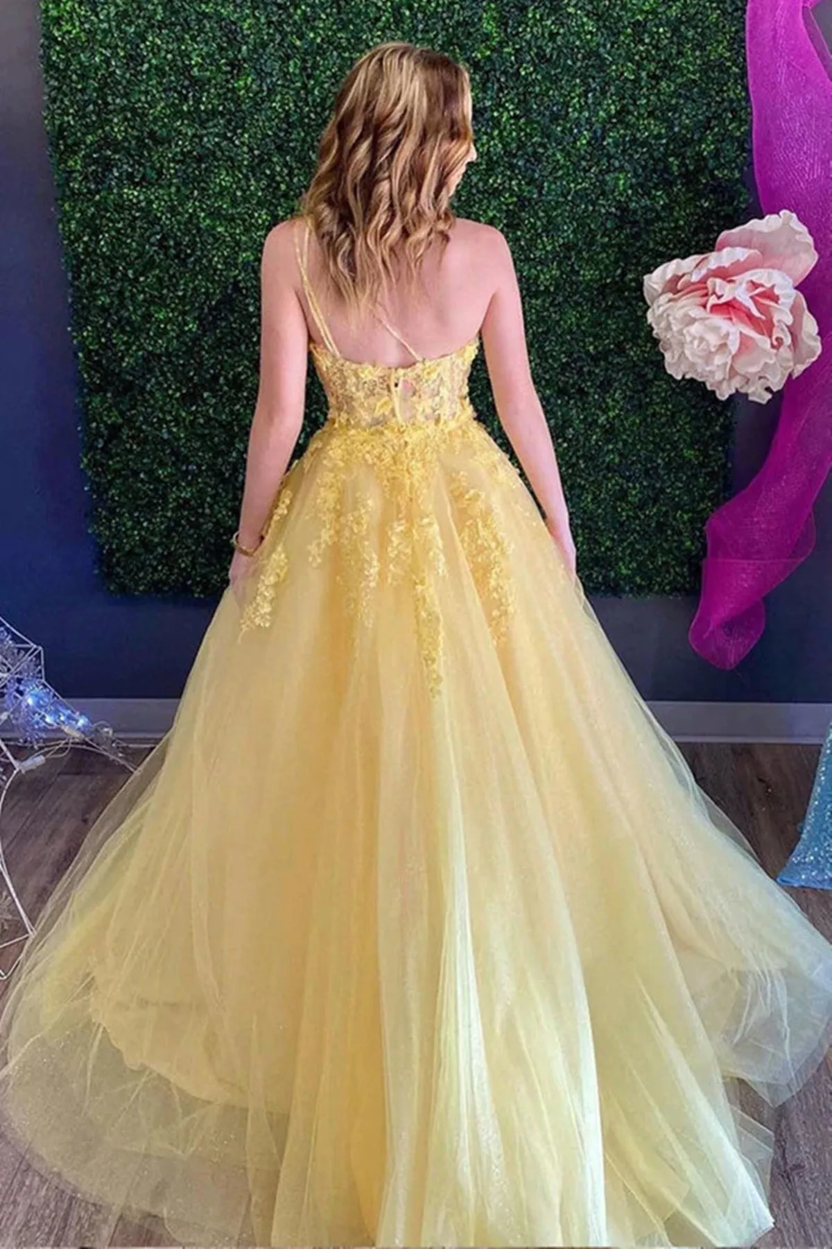 One Shoulder Yellow Lace Floral Long Prom Dresses, Yellow Tulle Lace Formal Dresses, Yellow Evening Dresses