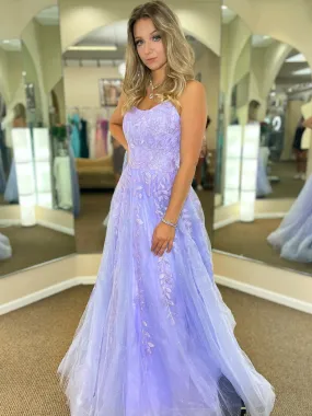 Open Back Purple Lace Tulle Long Prom Dresses, Purple Lace Formal Dresses, Purple Evening Dresses