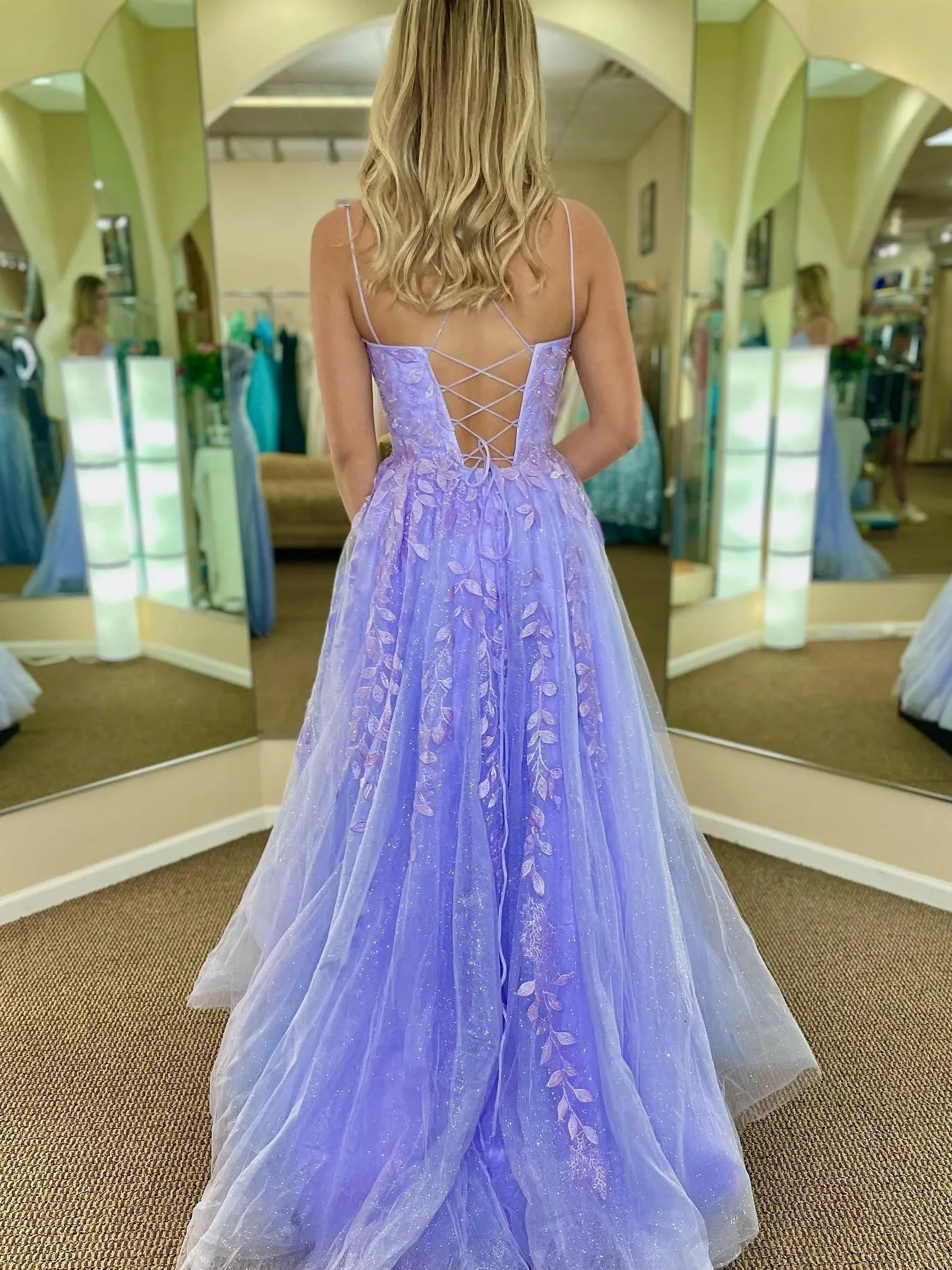 Open Back Purple Lace Tulle Long Prom Dresses, Purple Lace Formal Dresses, Purple Evening Dresses