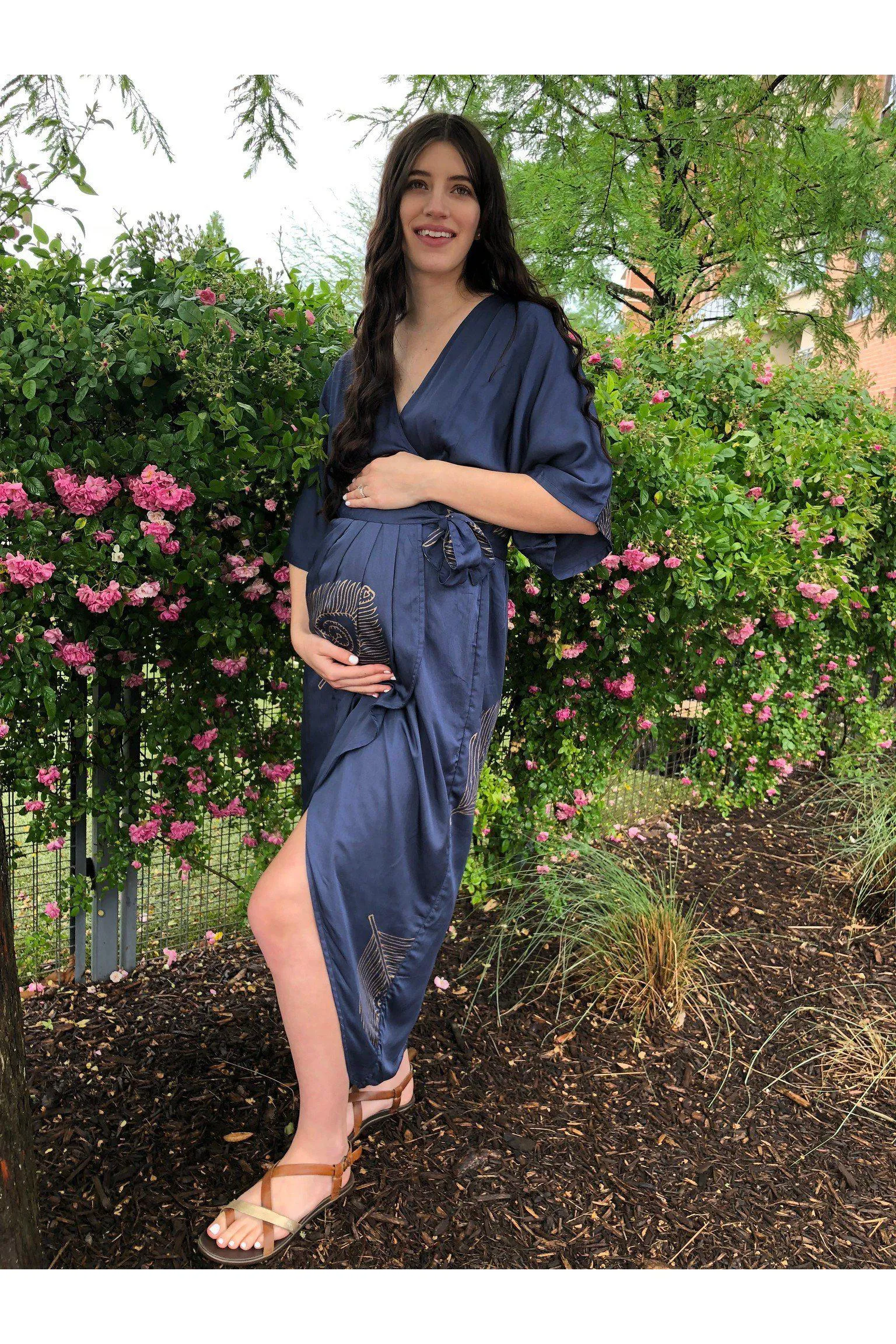 Peacock Feather Wrap Dress in Navy   Gold