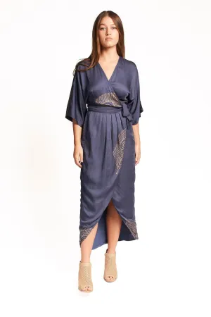 Peacock Feather Wrap Dress in Navy   Gold