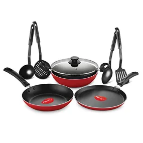 Pigeon Mio Nonstick Aluminium Cookware Gift Set, Includes Nonstick Flat Tawa, Nonstick Fry Pan, Kitchen Tool Set, Nonstick Kadai with Glass Lid, 8 Pieces Kitchen Set (Red)