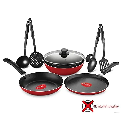 Pigeon Mio Nonstick Aluminium Cookware Gift Set, Includes Nonstick Flat Tawa, Nonstick Fry Pan, Kitchen Tool Set, Nonstick Kadai with Glass Lid, 8 Pieces Kitchen Set (Red)