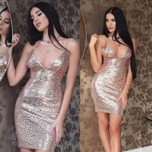 Plunging V-Neck Sequin Bodycon Mini Cami Dress