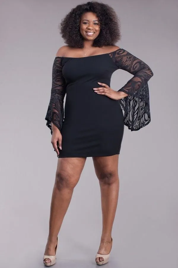 Plus Black Off Shoulder Dress Trumpet Bell Sleeve Lace Bodycon Mini Cocktail