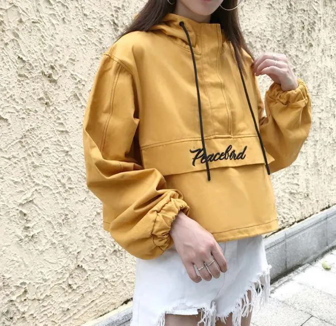 Pocket Letter Printing Hooded Cropped Bomber Jacket