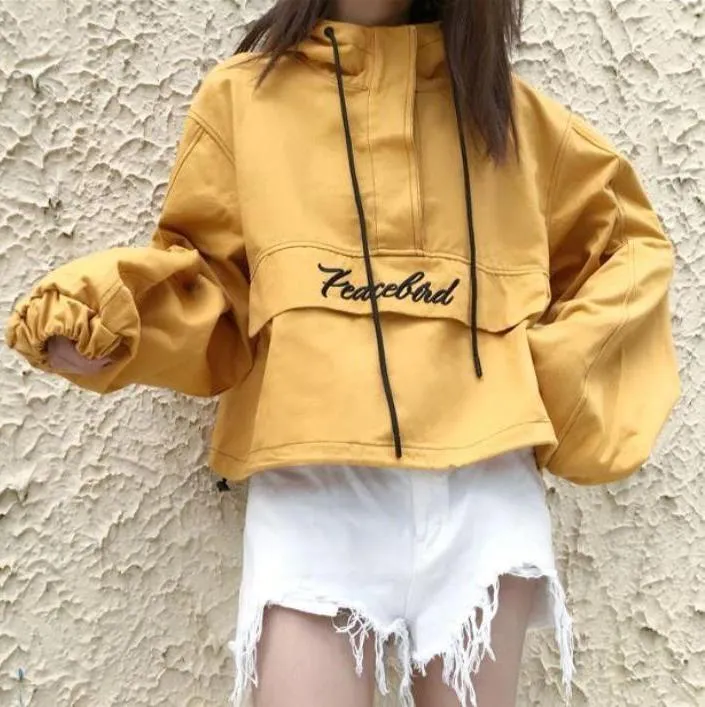 Pocket Letter Printing Hooded Cropped Bomber Jacket