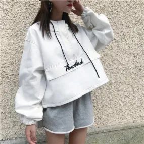 Pocket Letter Printing Hooded Cropped Bomber Jacket