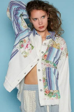 POL Oversized Contrasting Fabric Shacket in Ivory Multi