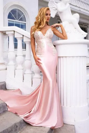 PORTIA & SCARLETT PS22185 Plunging Neck Beaded Satin Gown with Open Back