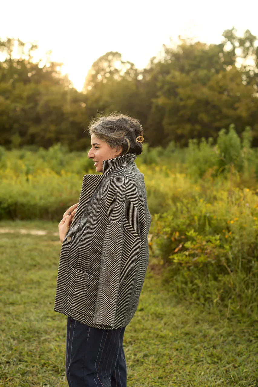 Portuguese Wool Pieper Coat in Black and Cream Thin Herringbone - M Sample