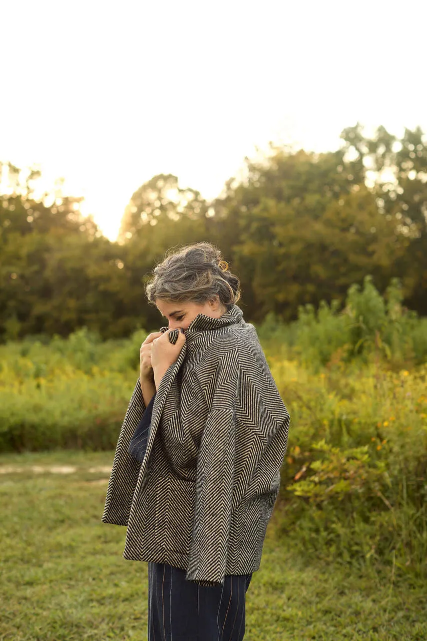 Portuguese Wool Pieper Coat in Black and Cream Thin Herringbone - M Sample