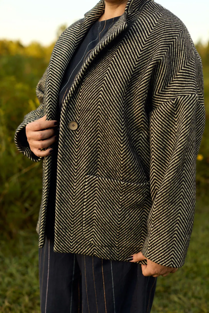 Portuguese Wool Pieper Coat in Black and Cream Thin Herringbone - M Sample