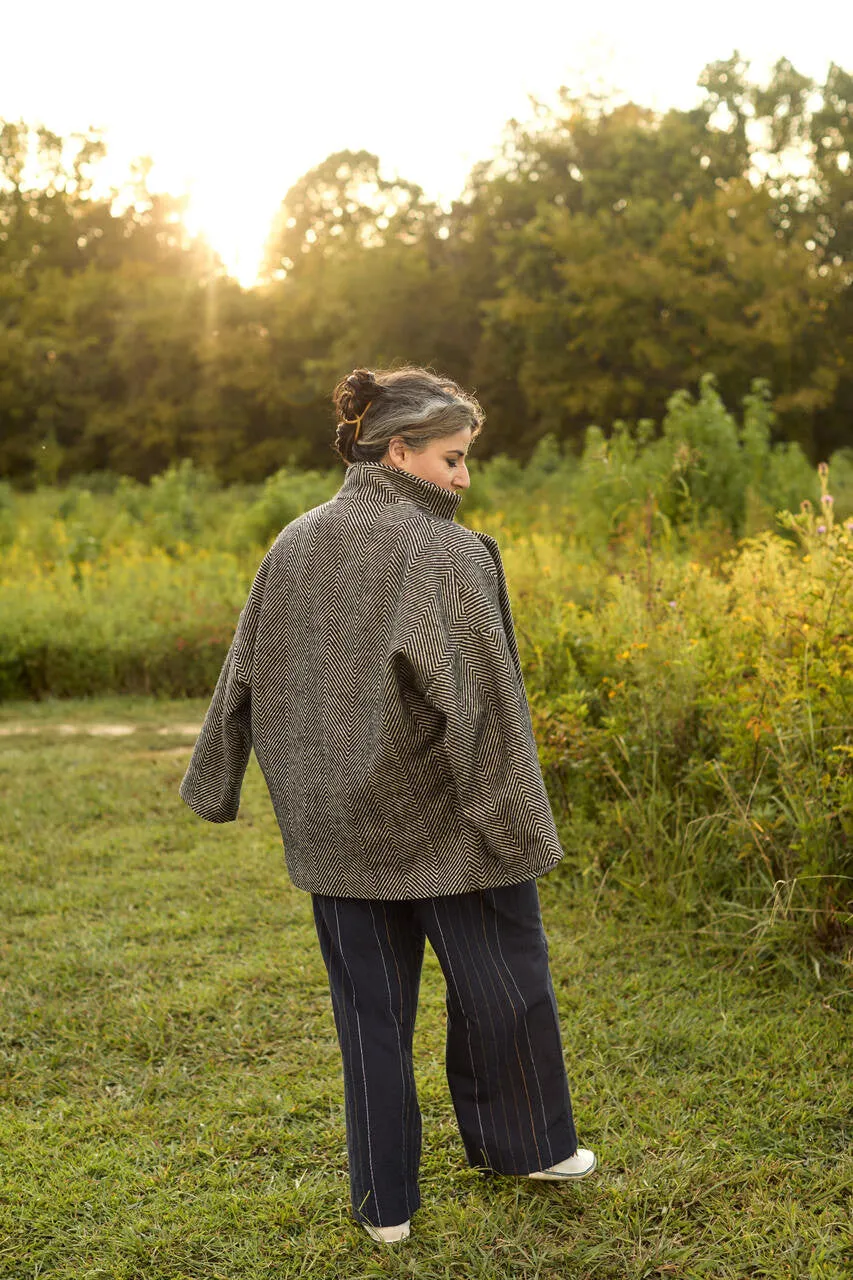 Portuguese Wool Pieper Coat in Black and Cream Thin Herringbone - M Sample