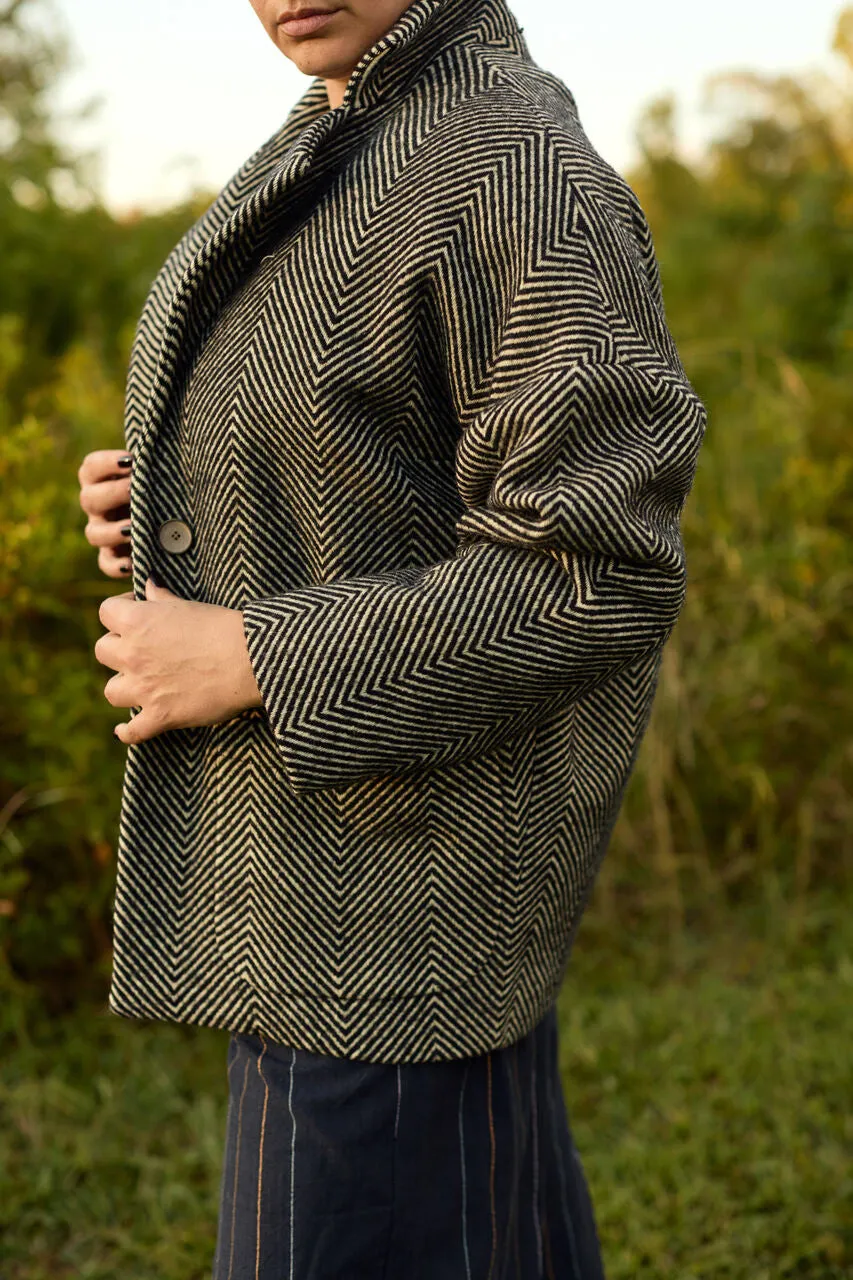 Portuguese Wool Pieper Coat in Black and Cream Thin Herringbone - M Sample