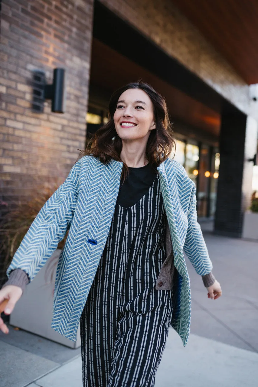 Portuguese Wool Pieper Coat in Cobalt and Cream Herringbone - Pre-Order 12/31