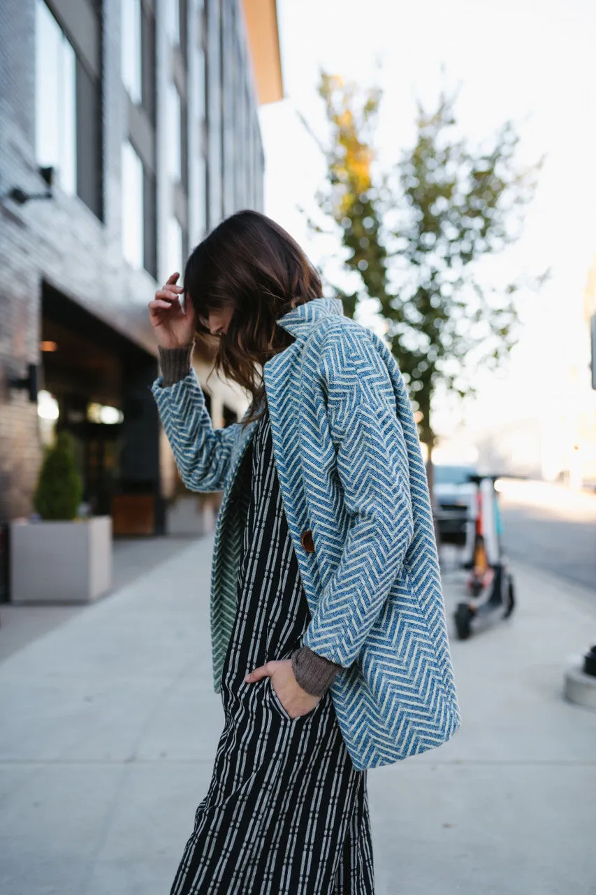 Portuguese Wool Pieper Coat in Cobalt and Cream Herringbone - Pre-Order 12/31