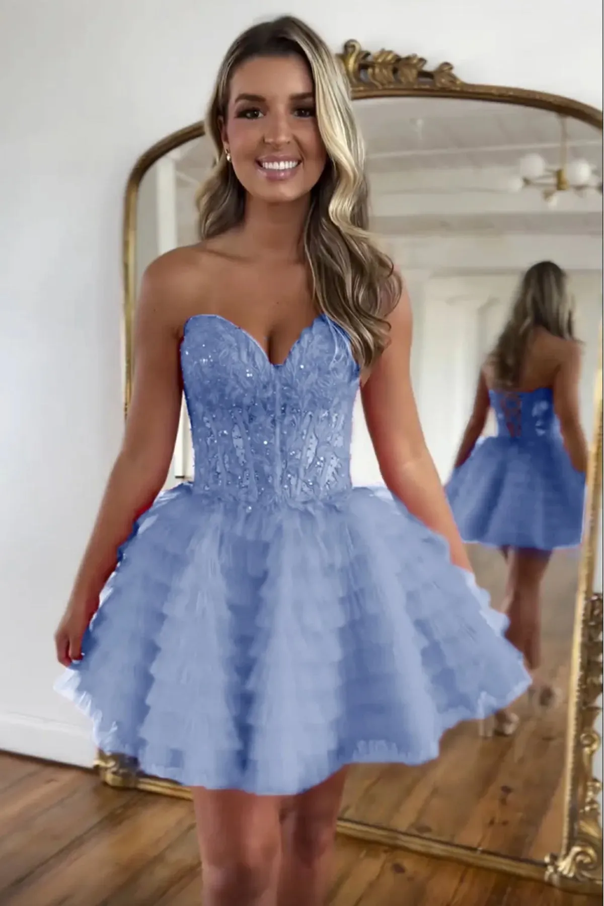 Princess Strapless Pink/Blue Lace Short Prom Dress, Pink/Blue Lace Homecoming Dress, Ruffle Pink/Blue Formal Graduation Evening Dress A2195