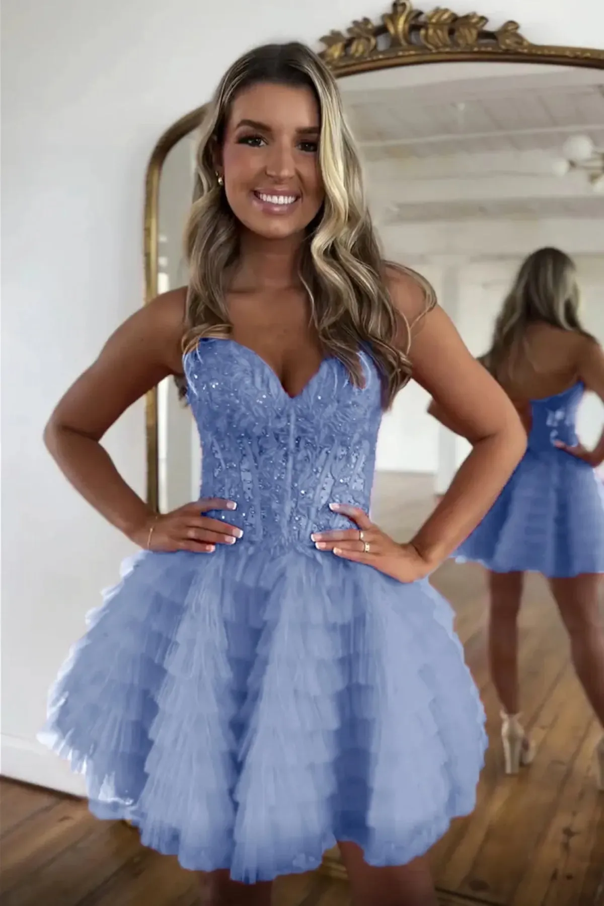 Princess Strapless Pink/Blue Lace Short Prom Dress, Pink/Blue Lace Homecoming Dress, Ruffle Pink/Blue Formal Graduation Evening Dress A2195